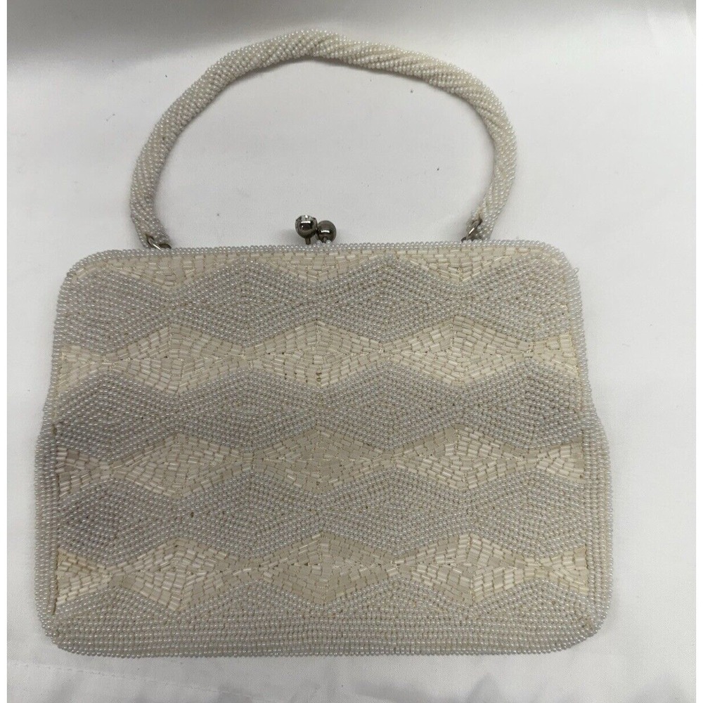 Vintage Purse VIVANT BY SARNE WHITE SEED BEAD ART DECO BEADED HANDBAG